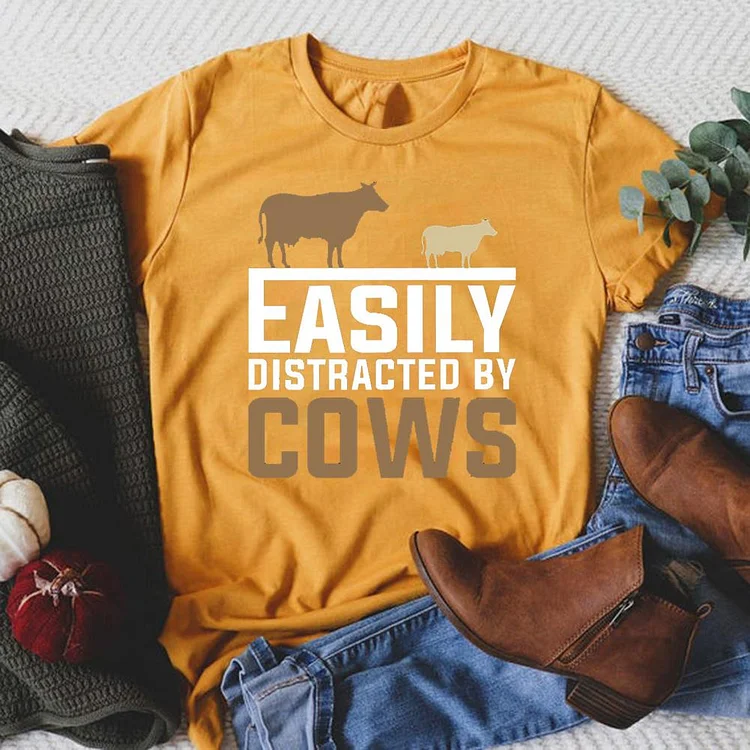 Easily Distracted By Cows Round Neck T-shirt