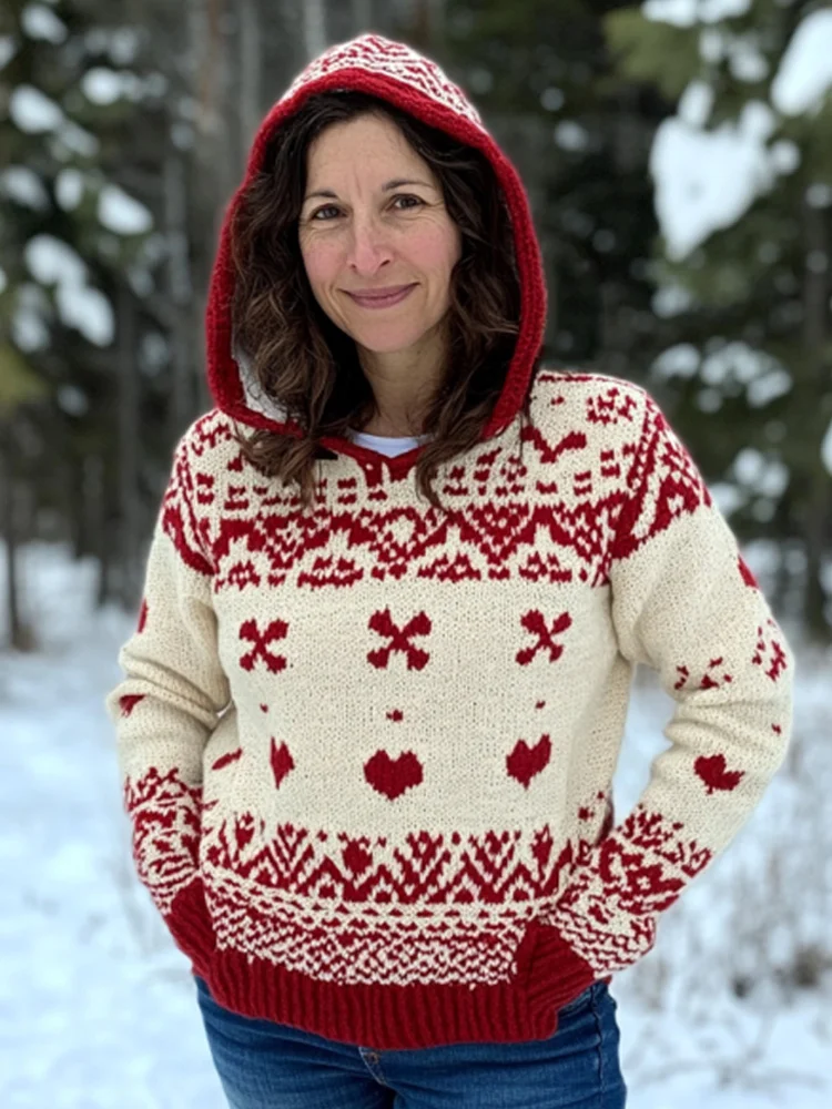 Utbros Women's Vintage Viking Valentine's Day Love Jacquard Hooded Sweater