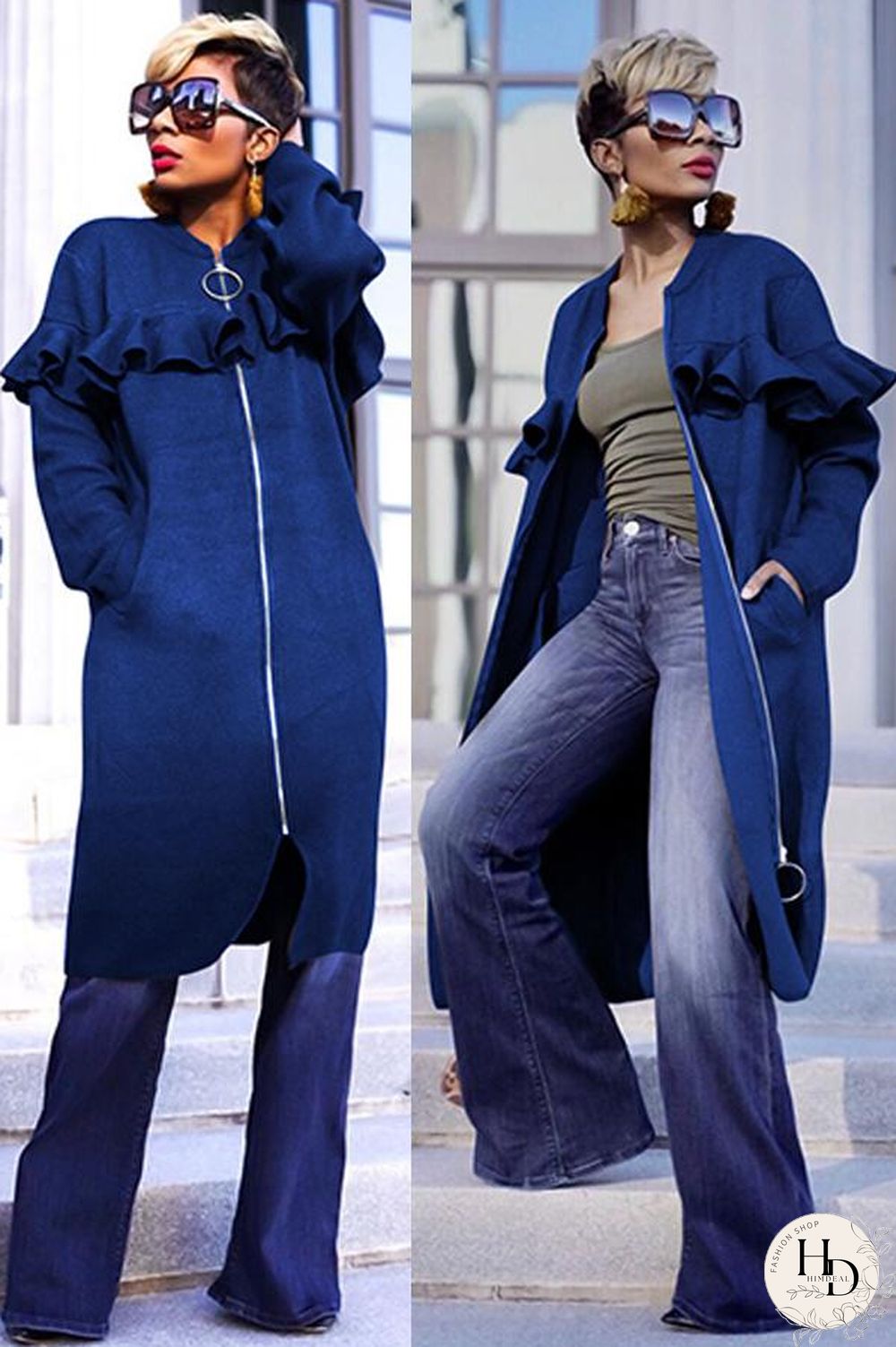 Yellow O Neck Zippered Patchwork Stringy selvedge Solid Pure Long Sleeve Coats & Cardigan