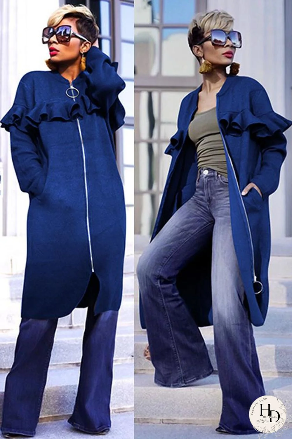 Yellow O Neck Zippered Patchwork Stringy selvedge Solid Pure Long Sleeve Coats & Cardigan