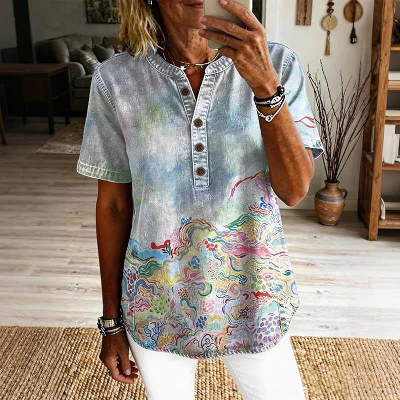 Women's Retro Colorful Ethnic Art Print Casual Short-sleeve Shirt elevenforest