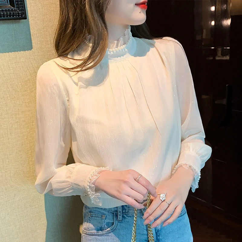 Toloer Toloer Shot Plus Velvet Winter New Sweet Standing Collar Pearl Splicing Decorative Jacket Design Sense Bubble Sleeve Shirt-Outfit Ideas