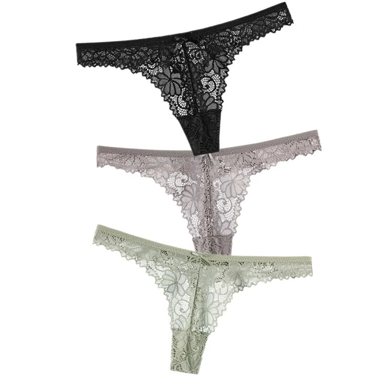 3Pcs/Lot Sexy Lace Thong Low Waist Lace Transparent Panties Women Hollow out Breathable G String Briefs Bow Underwear Lingerie