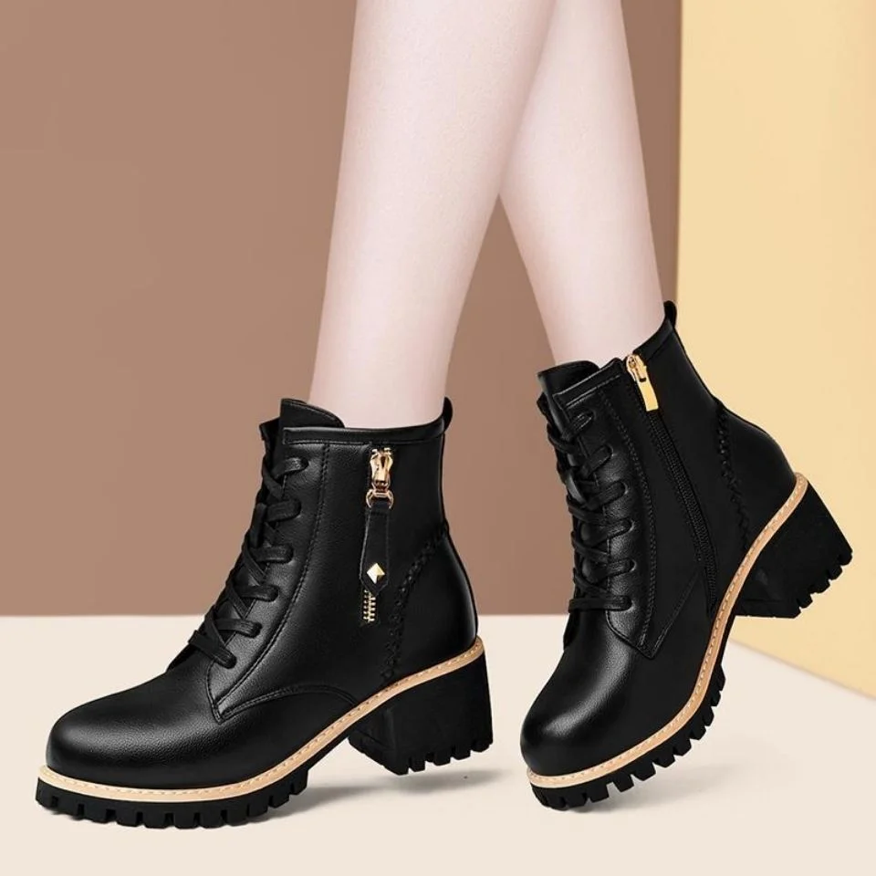 Athvotar Shoes Boots Ankle 2023 Autumn British Wind Genuine Leather Thick With Fur Ladies Short Boots Motorcycle Martin 1127-1