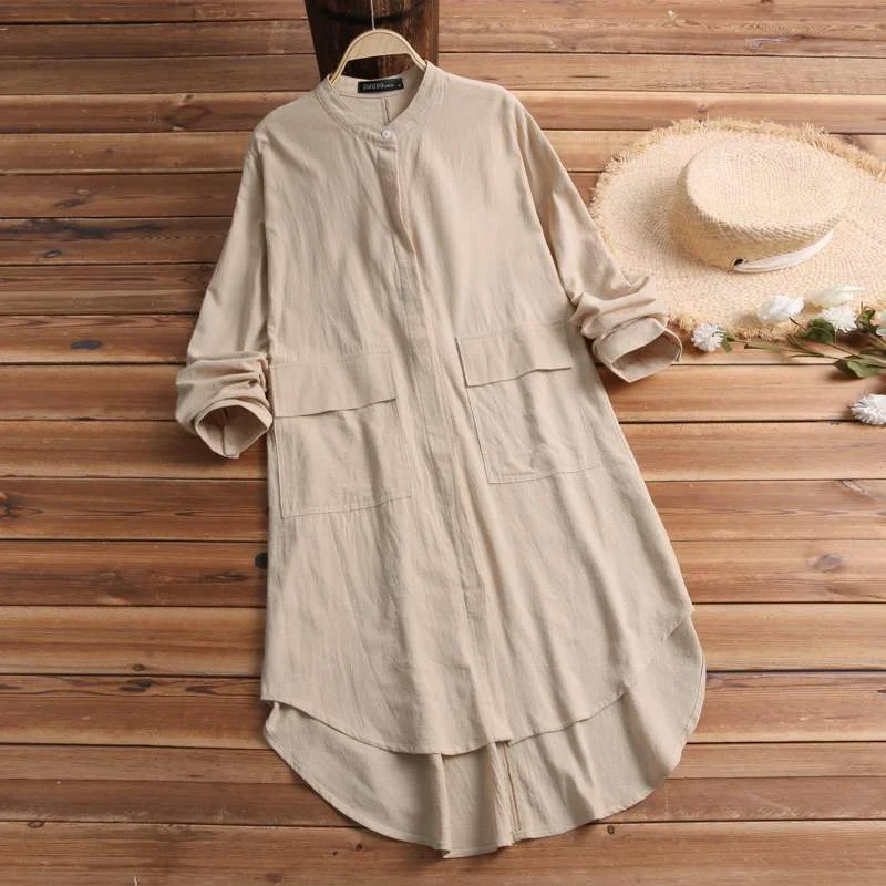 Fashion Linen Shirt Vestidos Women Spring Sundress ZANZEA Casual Long Sleeve Blusa Female Solid Asymmetrical Tunic