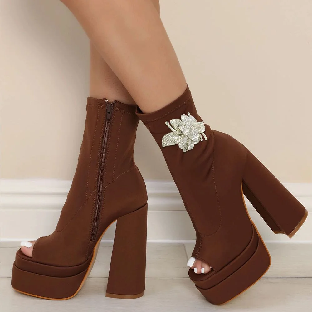 Brown Platform Peep Toe Elastic Fabric Butterfly Pattern Ankle Booties Nicepairs