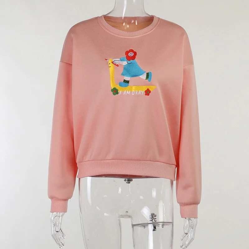 WannaThis Cute Sweet Cartoon Embroidered Sweatshirts Kawaii Girl Cotton 2021 O Neck Long Sleeve Loose Women Pullover Autumn New