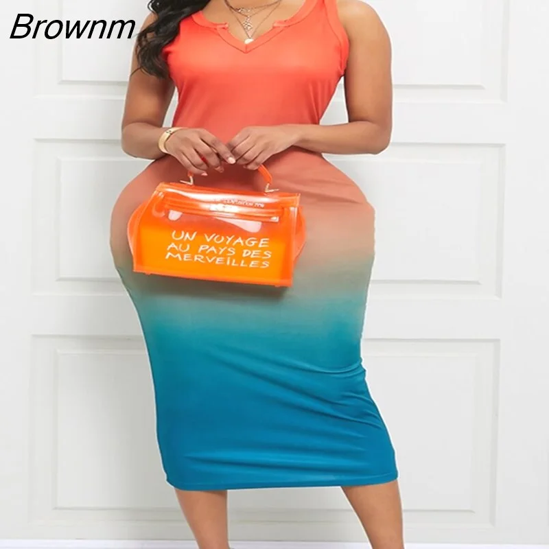 Brownm Bohemian Gradient Orange Mid Calf Dress Tank Tie Dye V Neck Bodycon Sleeveless Sheath Body-shaping Cleavage Outfits For Women