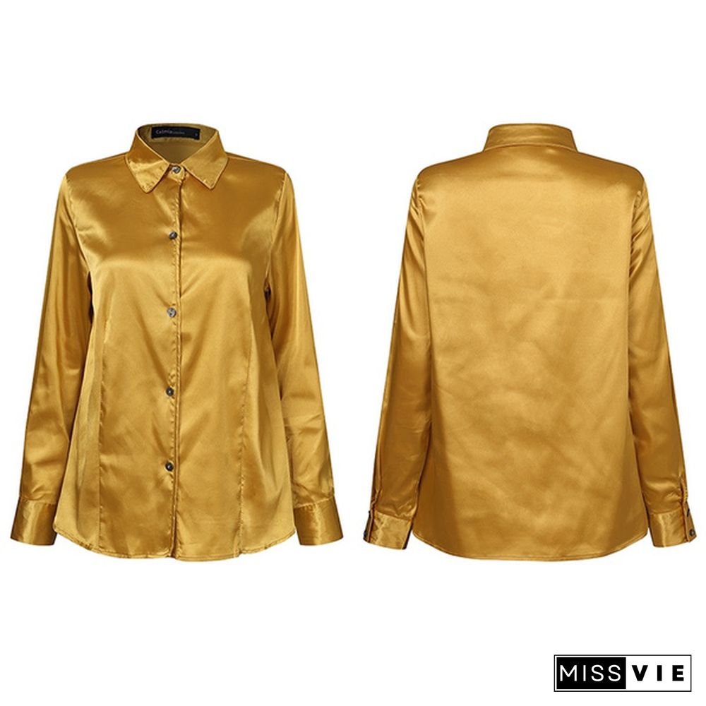 Autumn Women Silk Satin Long Sleeve Lapel Collar Shirt Tops Button Down Laides Casual Elegant Blouse Tops