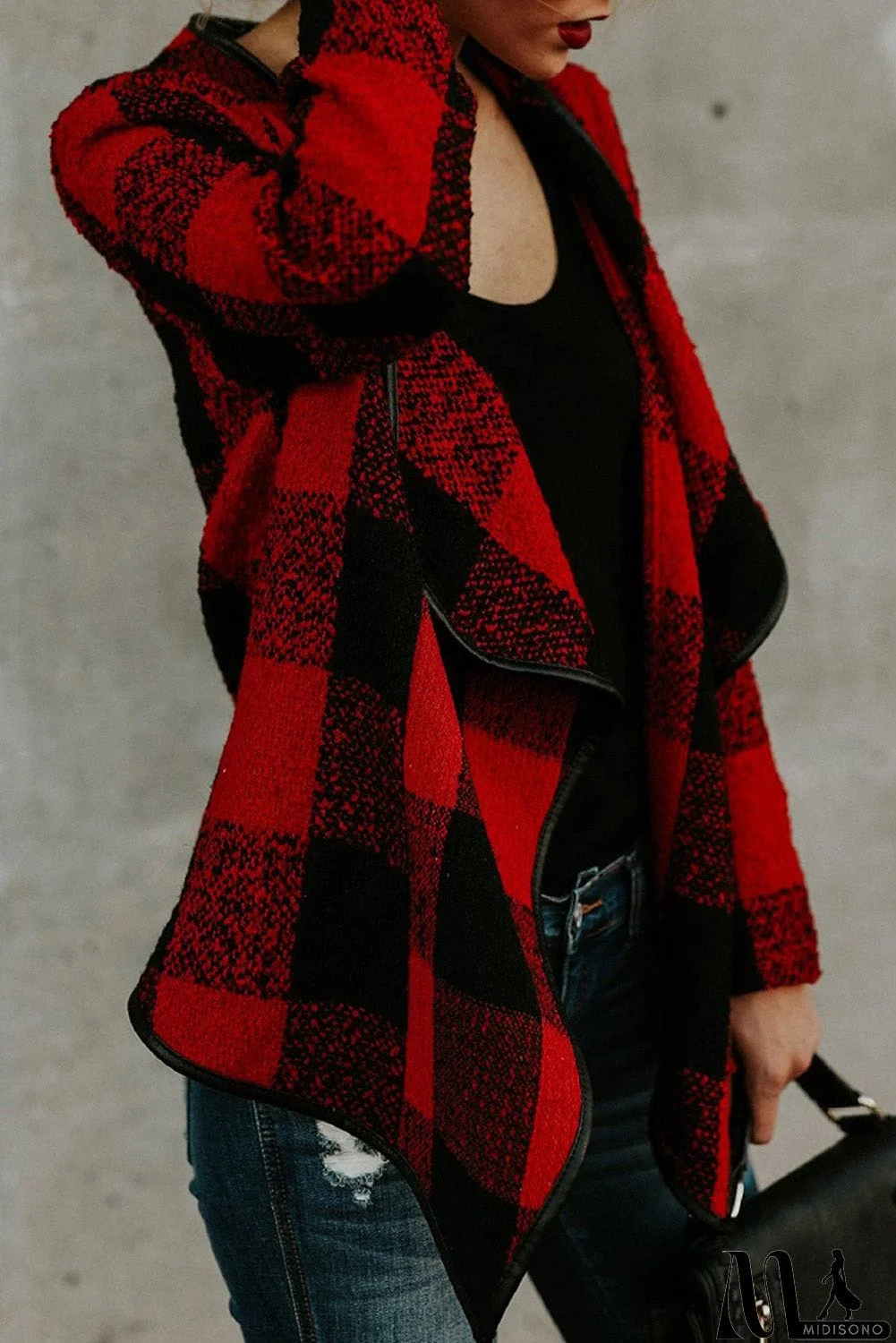 MidiSono - Plaid Long Sleeve Asymmetric Collar Open Front Coat