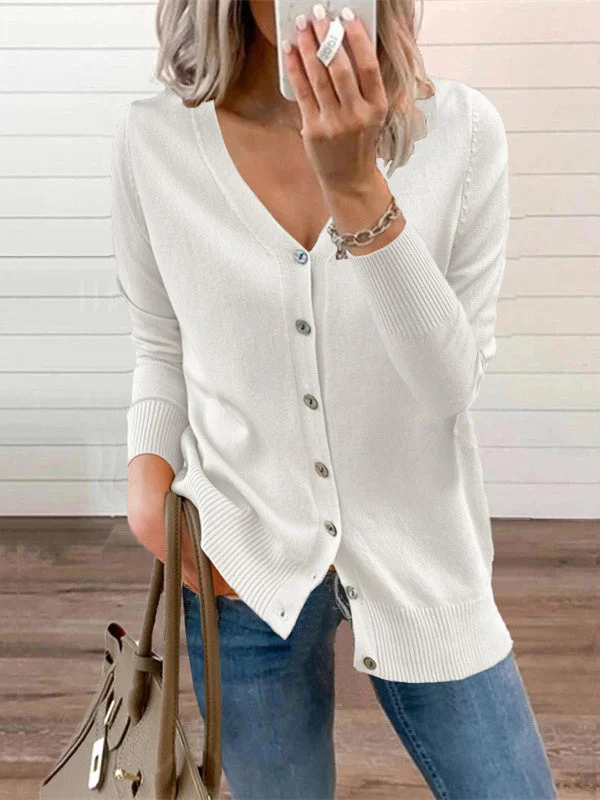 Women plus size clothing Women Long Sleeve V-neck Soild Button Knit Sweaters Coats-Nordswear