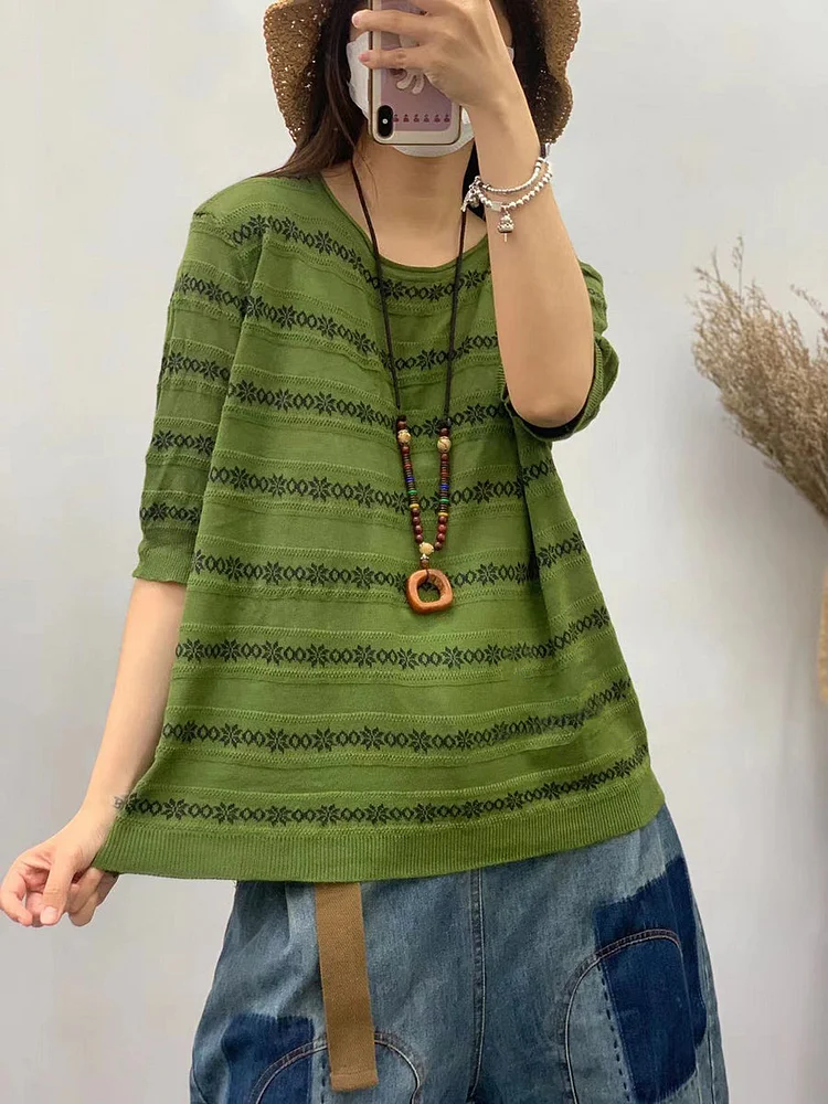 Women Casual Summer Stripe Loose Pullover Cotton Shirt