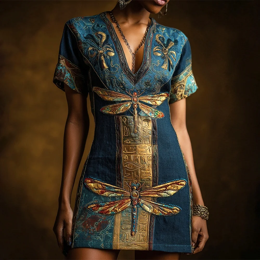 Vintage Golden Dragonfly Element Women's Linen V-neck Mini Dress