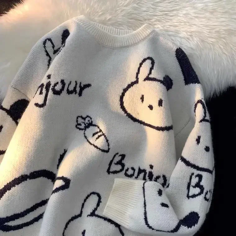Aonga Cartoon Rabbit Y2k Harajuku Kawaii Retro Cute Round Neck Pullover Sweater Pattern Knitted Warm Loose Oversized Sweatshirt Women 0613 aonga