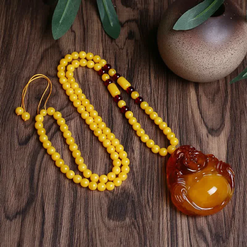 Laughing Buddha Amber Confidence Necklace Pendant