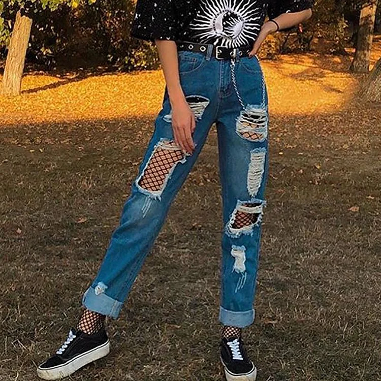Retro Street Fashion Broken Hole Straight Jeans
