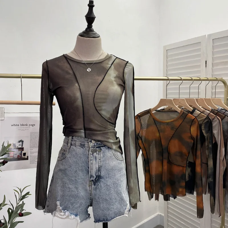 Uveng Sunset Sun Dyed Elastic Mesh Yarn T-Shirt Stacked With Long-Sleeved Top Press Line T-Shirt 8980