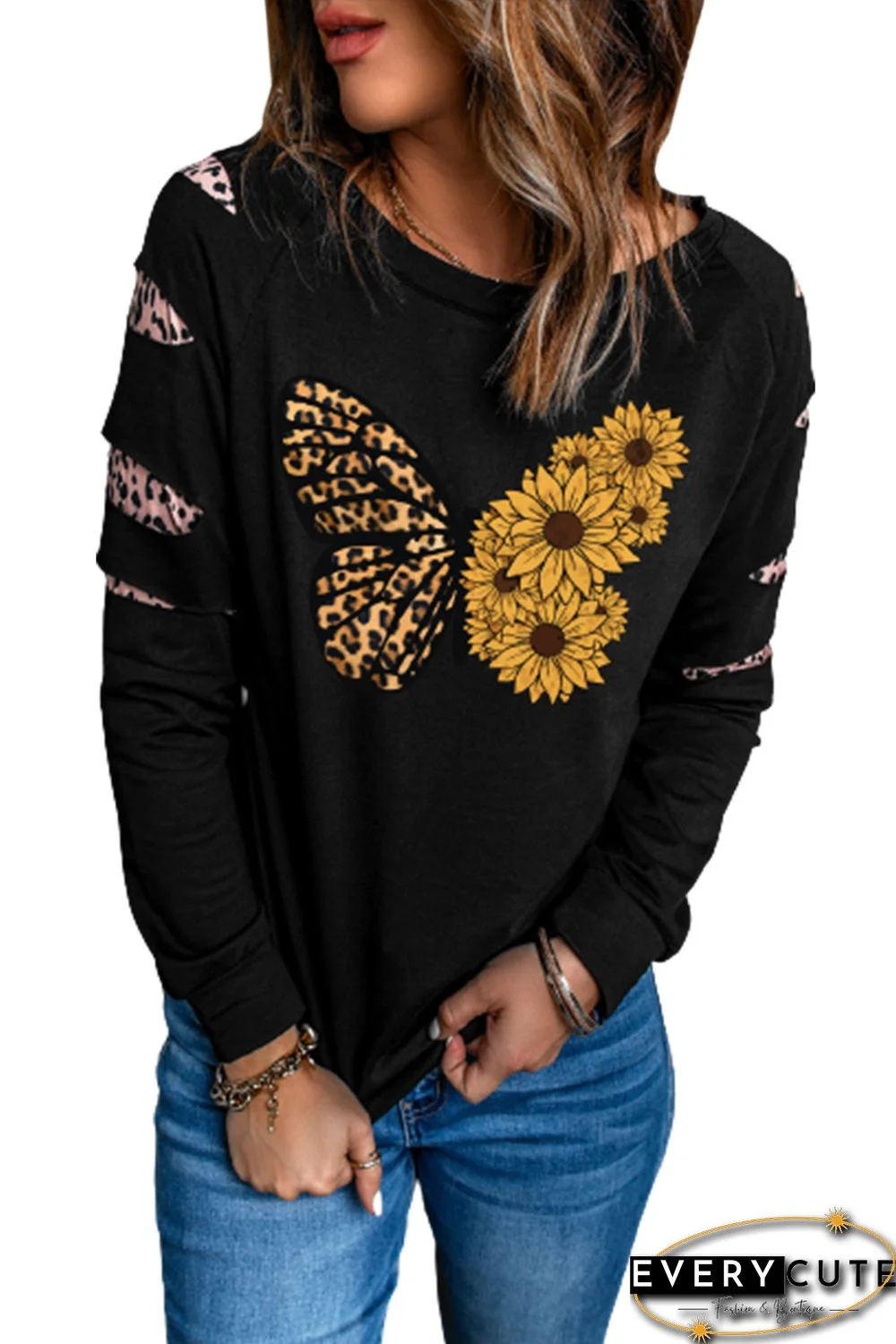 Black Sunflower Leopard Butterfly Print Long Sleeve Sweatshirt