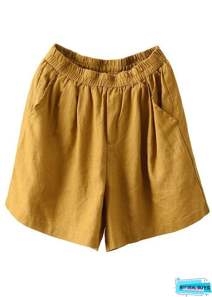 Yellow Pockets Elastic Waist Linen Shorts Summer
