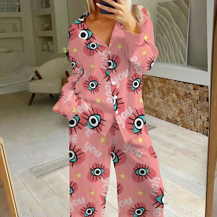 Women's Heart Eyes Print Cotton Cardigan Homewear Set