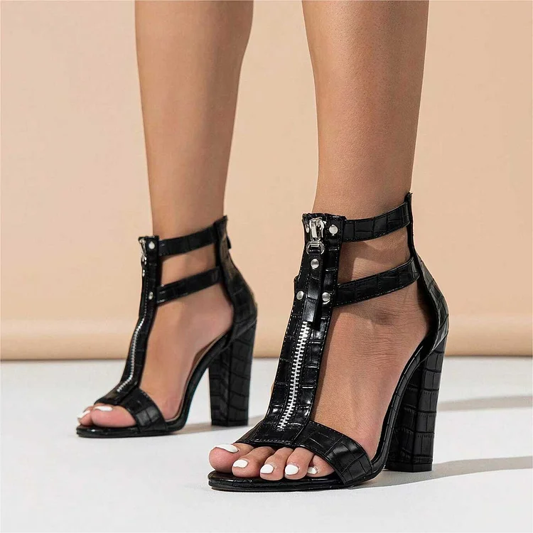 Black Bamboo Texture Zipper T Strap Chunky Heel Ankle Strap Sandals |FSJ Shoes