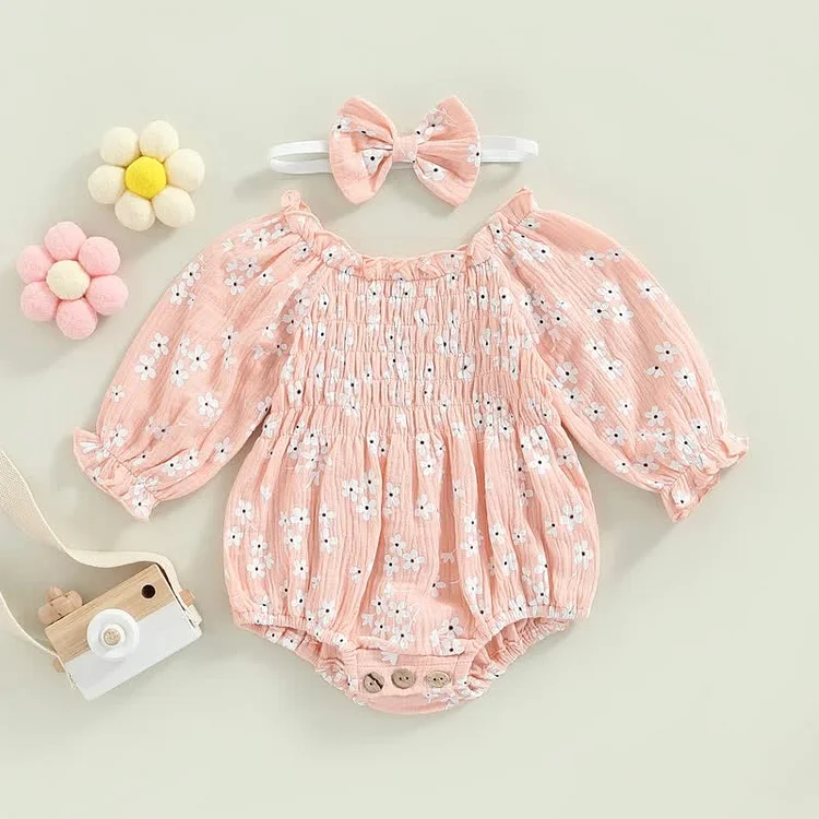 Baby Newborn Floral Smocked Bodysuit with Headband