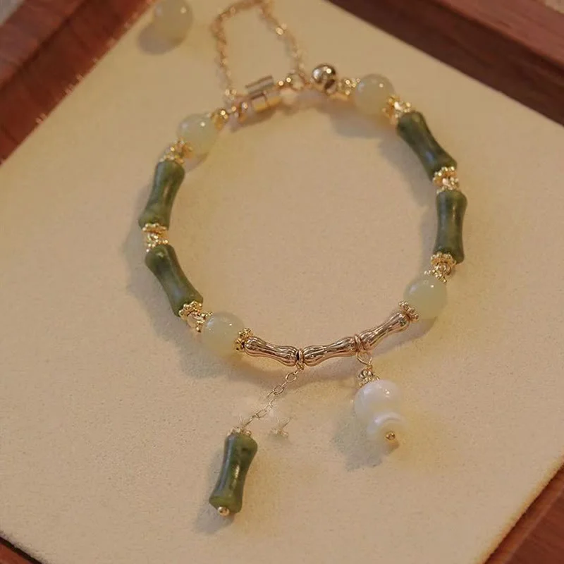 Jade Bamboo Leaf Lily Of The Valley Pattern Luck Abundance Bracelet