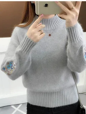 Women Long Sleeve Stand-up Collar Printed Knit Women Sweaters