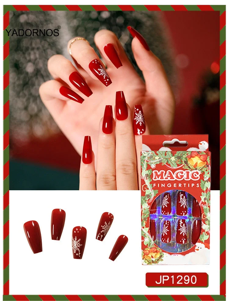 24pcs Christmas Stickers On Nails Patch Glue Type Removable Long coffin Paragraph Fashion Manicure free shipping press on nails-Nail Inspo