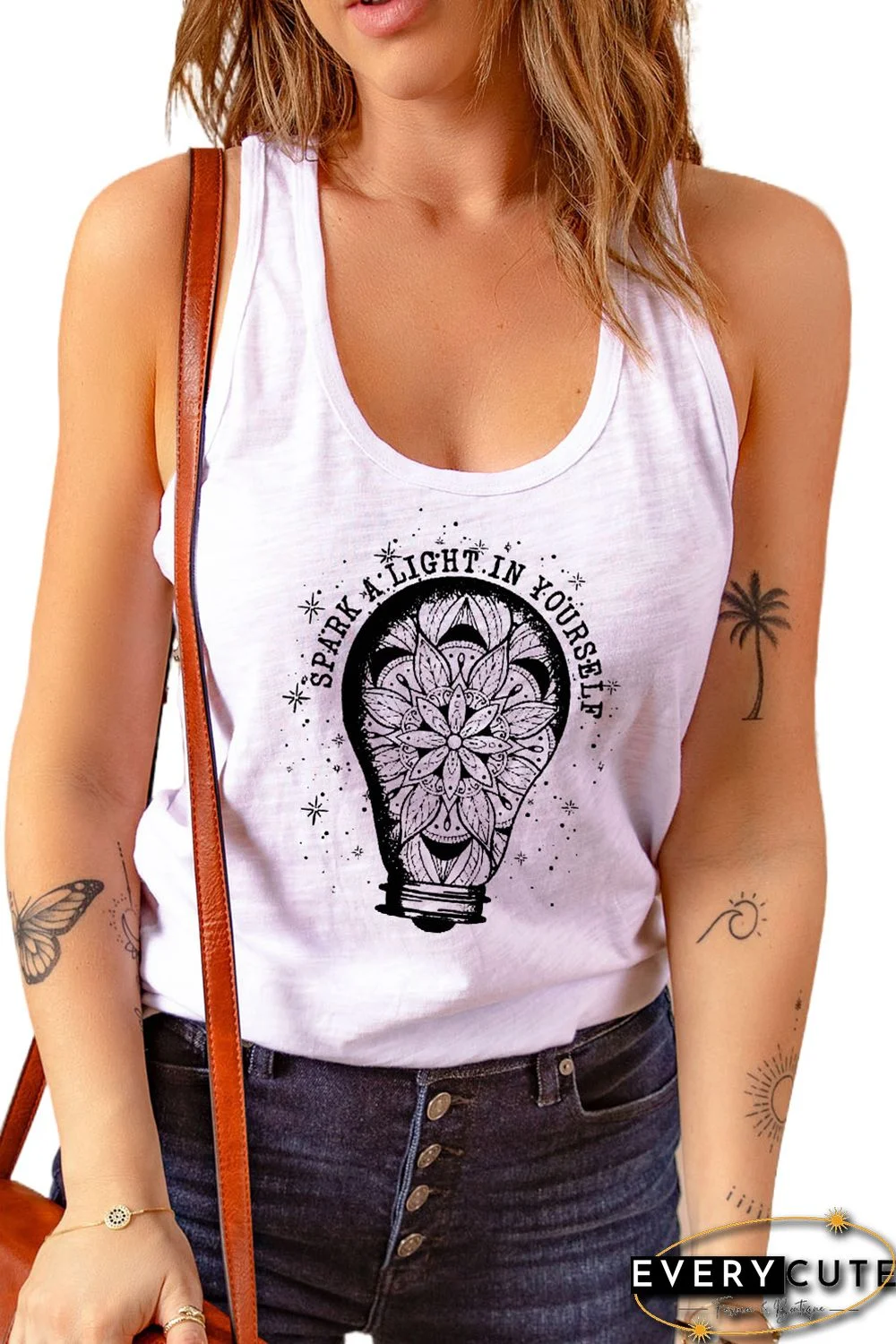 White Floral Light Bulb Letter Graphic Print Crew Neck Tank Top