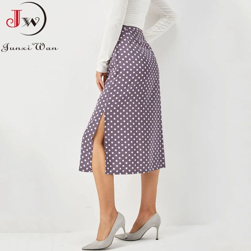 Spring Summer Slim Split Satin Skirt Women High Waist Zipper Polka Dot Bodycon Long Skirts Elegant Chic Office Party Clothing