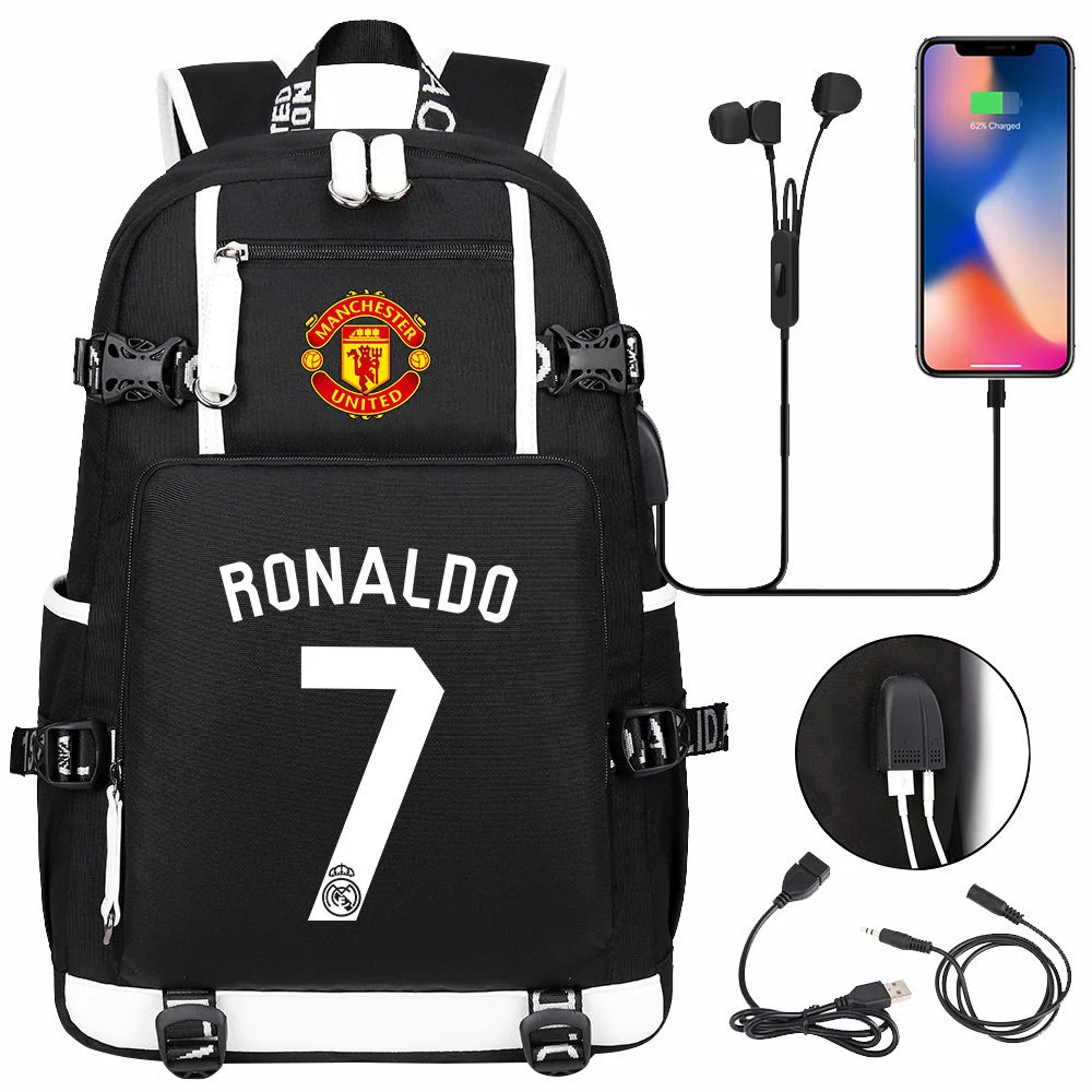 Showcase Your Soccer Spirit with the Cristiano Ronaldo Themed Backpack - USB Charging, 15-inch Laptop Storage & Double-Sided Pockets!