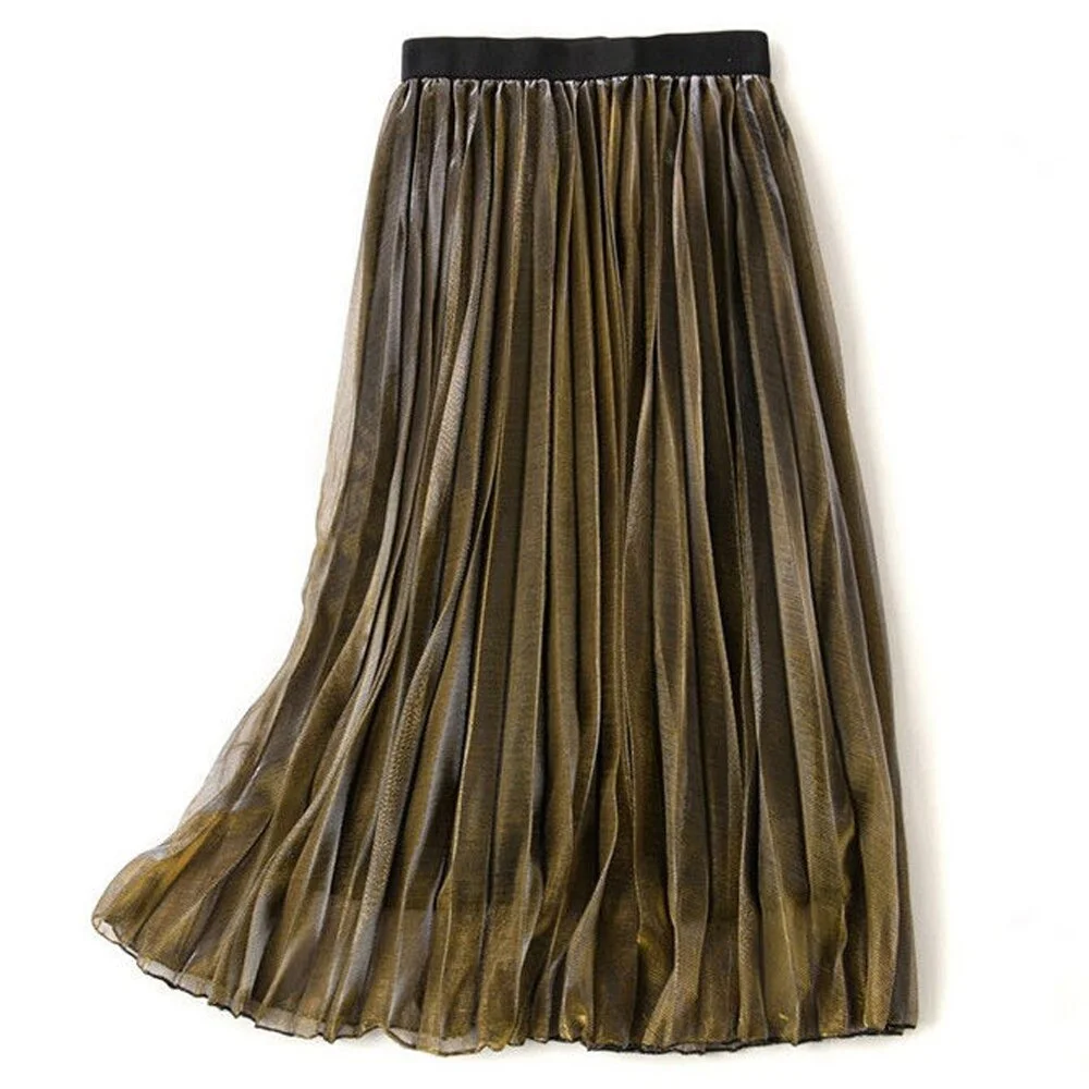 Pleated Skirts Women 2019 Summer Jupe Femme Elastic High Waist Vintage Gradient Color Party Falda Mujer Solid Casual Midi Skirt