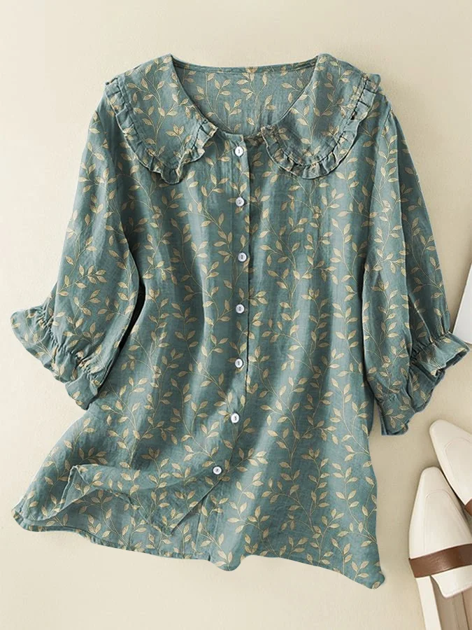 Botanical Print Cotton and Linen Peter Pan Ruffle Collar Shirt