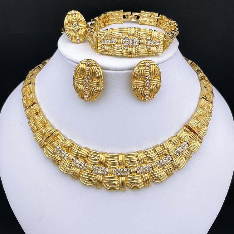 Gold Plated Jewelry Sets Women Necklace Earrings Big Bracelet  Wedding Banquet Party Gift