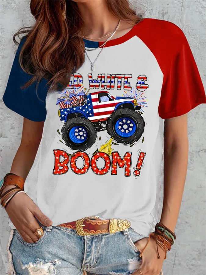 Women's Red White And Boom Print 4th Of July T-Shirt socialshop