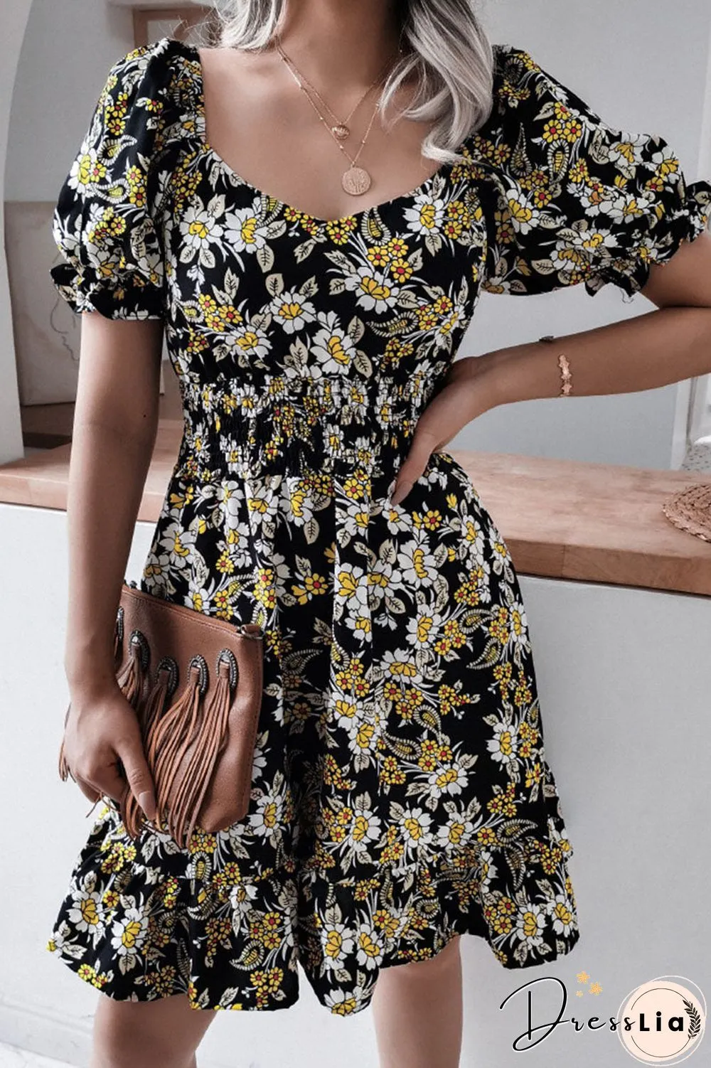 Fashion Casual Print Split Joint Square Collar A Line Dresses