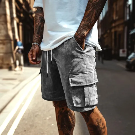 Men's Vintage Gray Corduroy Surf Multi-Pocket Workwear Cargo Shorts