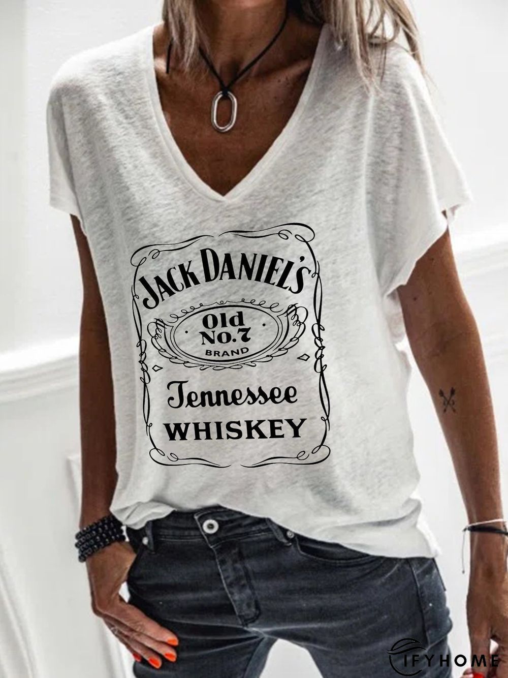 V Neck Short Sleeve Casual Letter T-shirt | IFYHOME