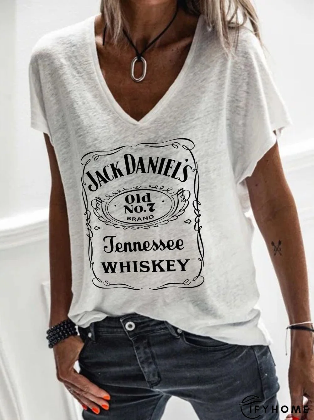 V Neck Short Sleeve Casual Letter T-shirt | IFYHOME