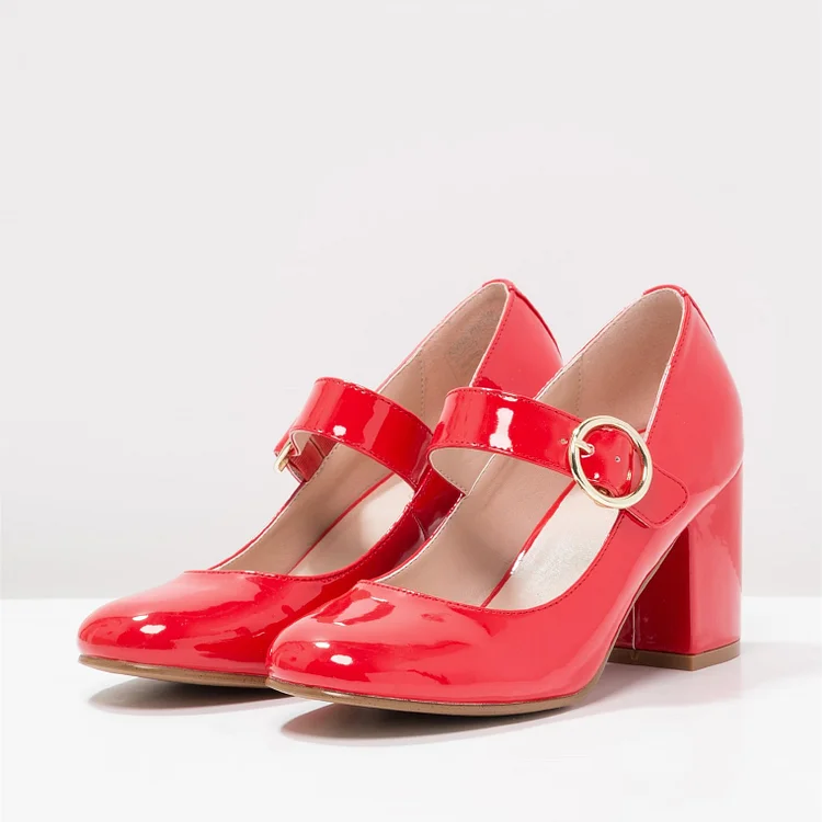 Red Round Toe Mary Jane Pumps with Patent Leather Block Heels Vdcoo