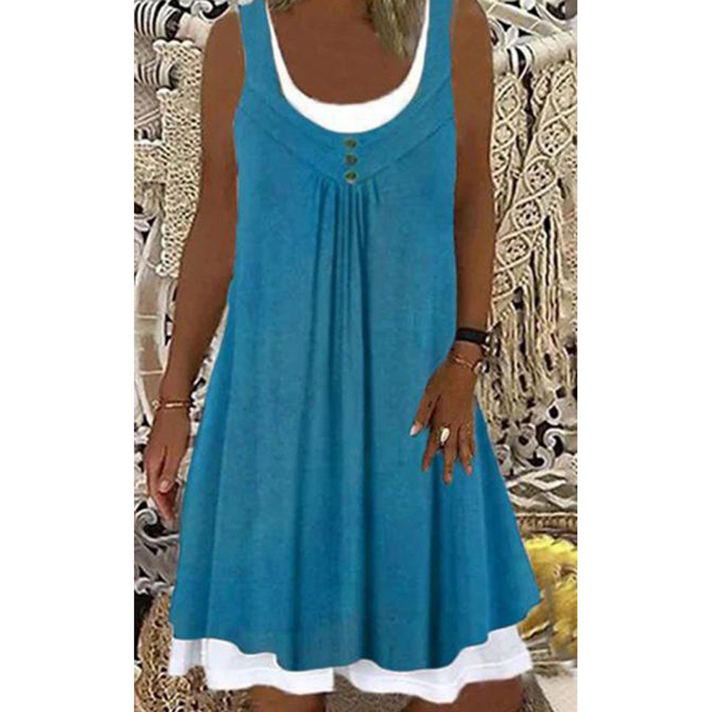 Mature Women Summer Printed Patchwork Round Neck Sleeveless Pleating Dress