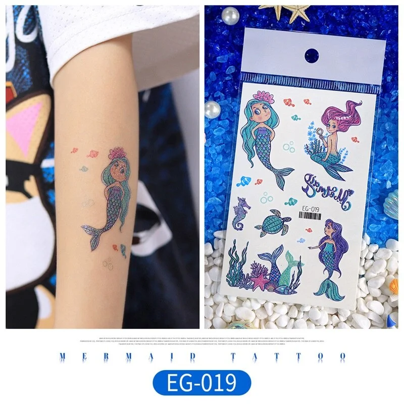 12 kinds Glitter Powder Temporary Tattoo Cartoon Mermaid Ocean Stickers tatouage temporaire Disposable Party Makeup