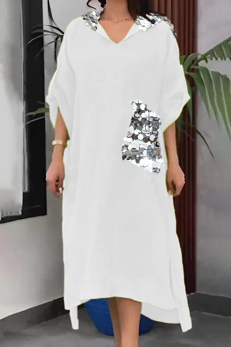 Sequin Roll Sleeve Irregular Hem Slit Hooded Kaftan Midi Dresses