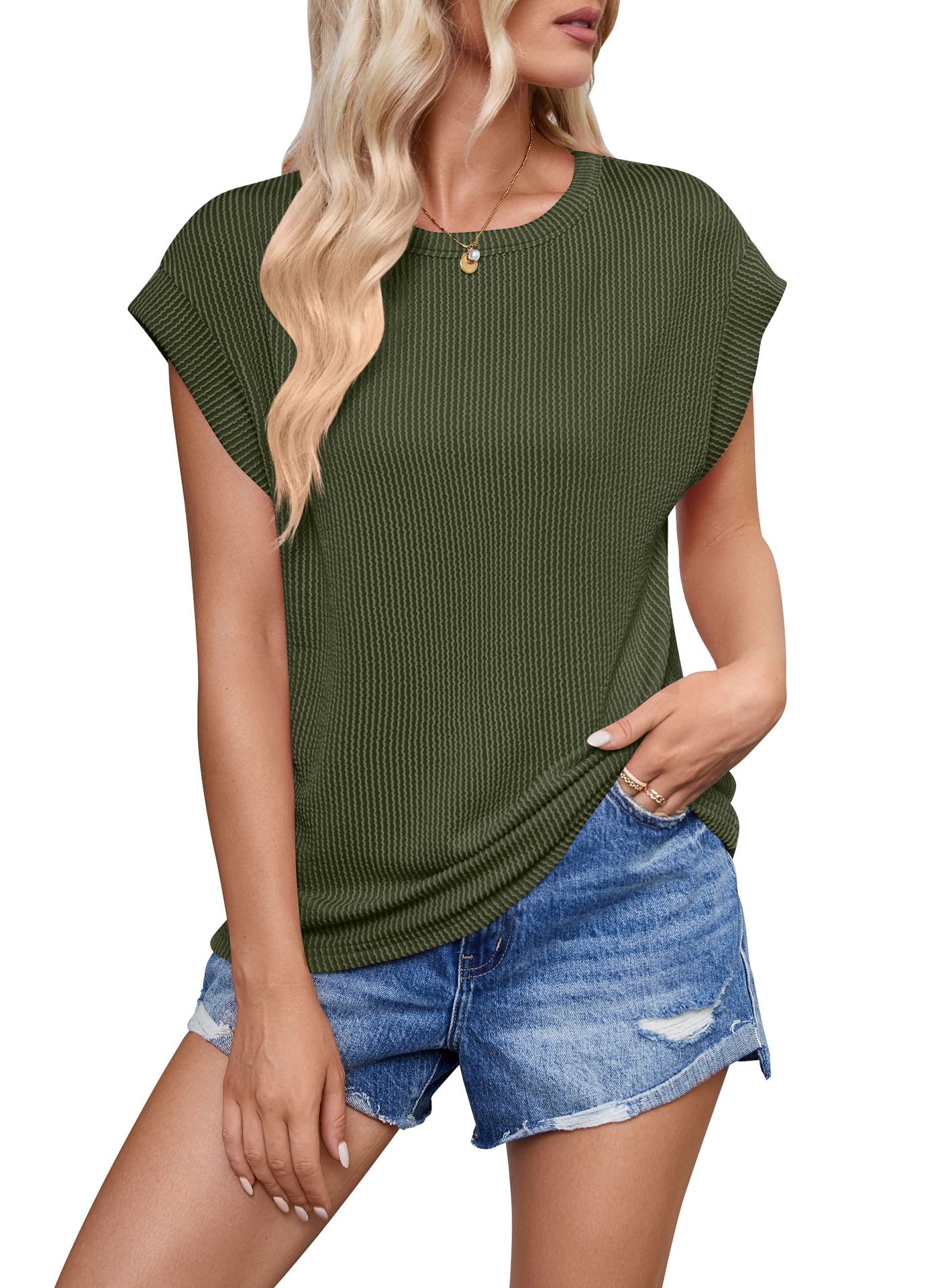 Mature Women Solid Color Stripe Bat-sleeve T-shirt Summer Casual Loose Vest Tank