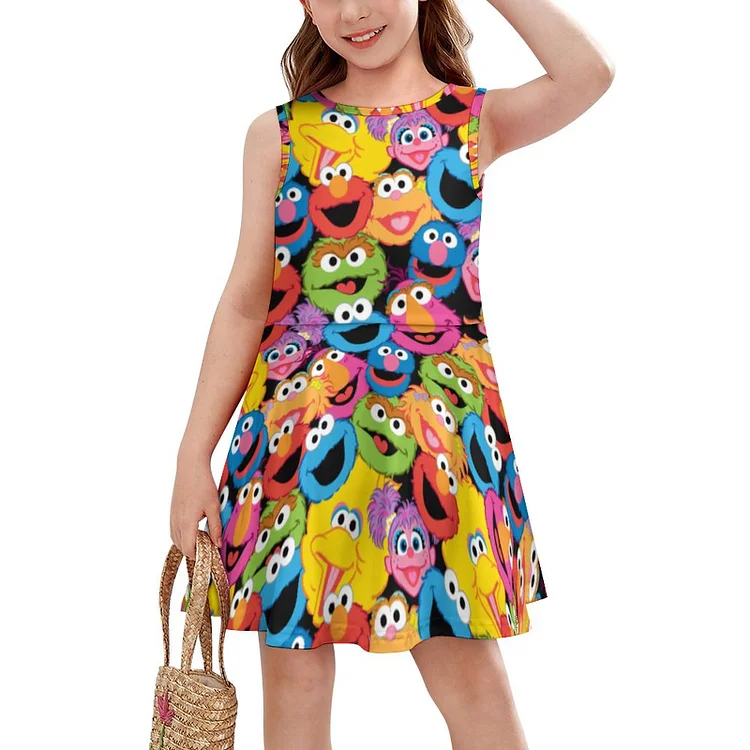 Funny Sesame Print Character Eyes Faces Sleeveless Tank Play Dress Girls Basic A Line Twirly Skater Dress - Heather Prints Shirts