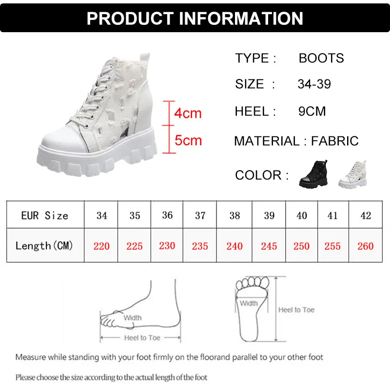 2022 Autumn Hollow Out Canvas Ankle Boots For Women Round Toe Lace Up Hidden Heels Shoes Woman Chunky Platform Booties