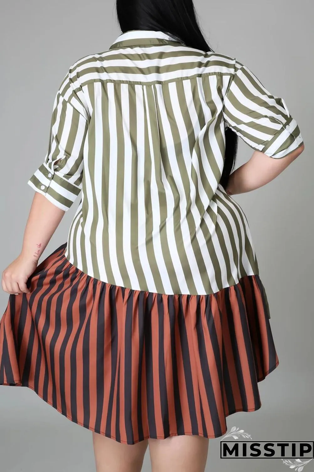 Brown Fashion Plus Size Striped Print Patchwork Turndown Collar Shirt Dress (Without Belt)