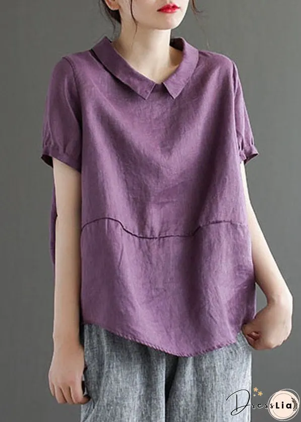 Unique Purple Peter Pan Collar Patchwork Linen T Shirts Summer