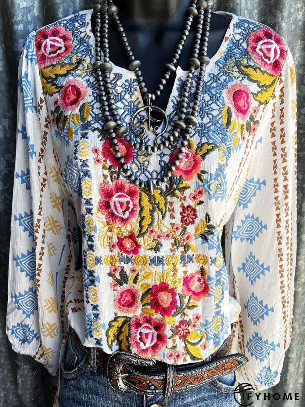 Floral-Print V-Neck Blouse | IFYHOME